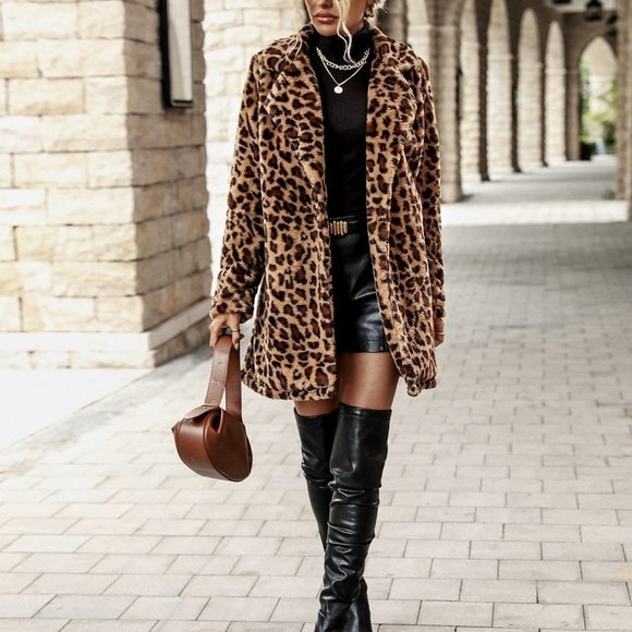 Multicolor Preppy Womens Leopard Print Open Front Fuzzy Coat - Picture 1 of 6